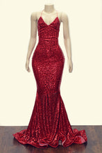 Load image into Gallery viewer, Mermaid V-neck Cross Back Sequins Prom Evening Dresses
