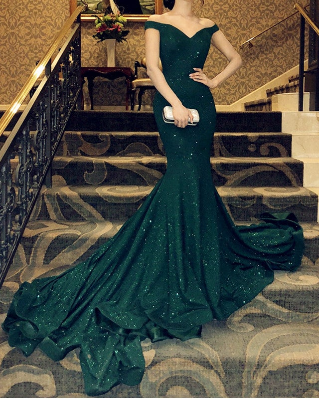 Mermaid V-neck Off Shoulder Ruffles Sequin Prom Dresses Mermaid V-neck Off Shoulder Ruffles Sequin Prom Dresses