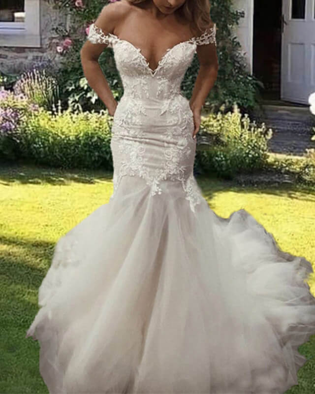Elegant V-neck Tulle Off Shoulder Mermaid Wedding Dresses