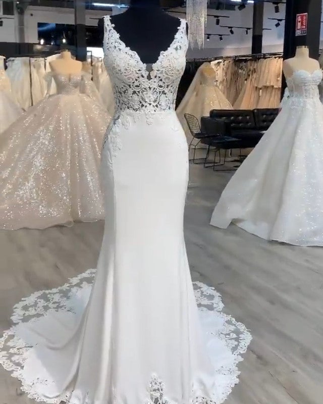 Mermaid Wedding Dress Lace V Neck Sweep Train Mermaid Wedding Dress Lace V Neck Sweep Train