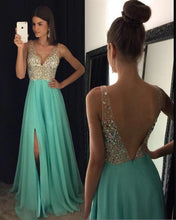 Load image into Gallery viewer, Deep V Neck Crystal Beaded Long Chiffon Prom Evening Dresses