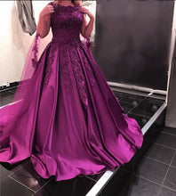 Load image into Gallery viewer, Modest Burgundy Ball Gown Satin Dress Lace Cap Sleeves