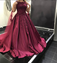 Load image into Gallery viewer, Modest Burgundy Ball Gown Satin Dress Lace Cap Sleeves
