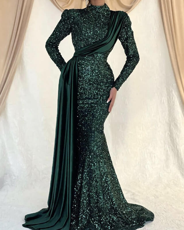 Modest Green Sequin Long Sleeve Mermaid Dress Modest Green Sequin Long Sleeve Mermaid Dress