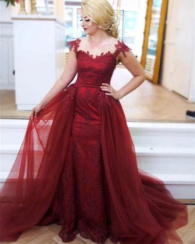 Modest Lace Appliques Cap Sleeves Tulle Mermaid Prom Dresses