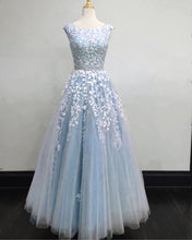 Load image into Gallery viewer, Light Blue Prom Dresses Cap Sleeves