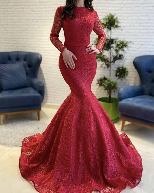 Modest Red Lace Prom Dress Mermaid Long Sleeve Modest Red Lace Prom Dress Mermaid Long Sleeve