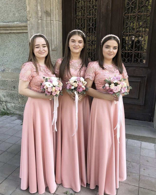 Modest Satin Bridesmaid Dresses Lace Cap Sleeves Modest Satin Bridesmaid Dresses Lace Cap Sleeves