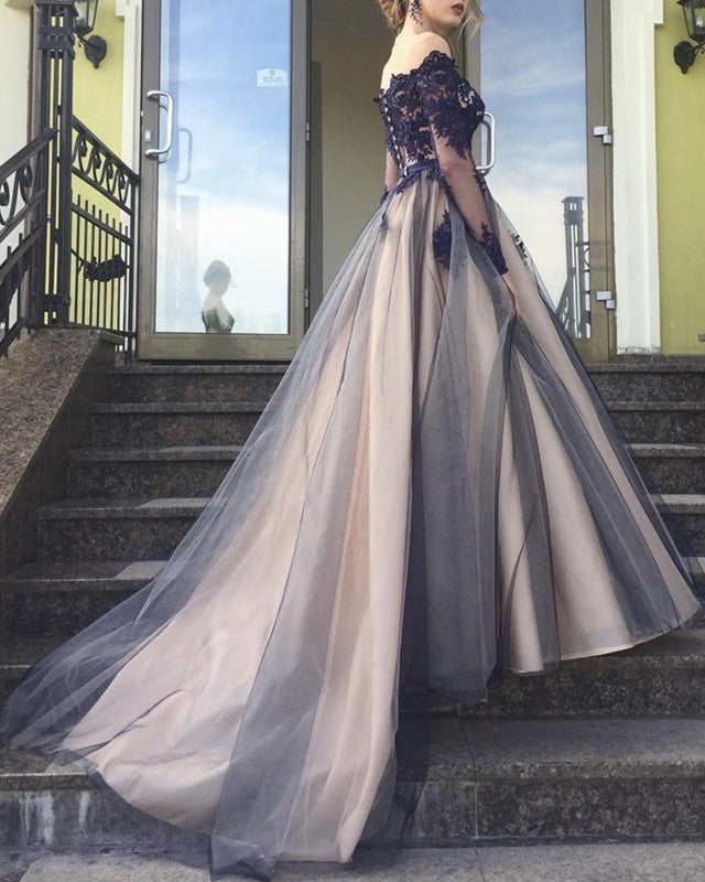 strapless open back dress Navy And Nude Tulle Ball Gown Prom Dresses – alinanova