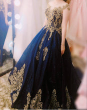Load image into Gallery viewer, Navy Blue Ball Gowns Wedding Dresses Gold Lace Embroidery