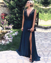 Load image into Gallery viewer, Long Chiffon Navy Blue Prom Dresses 2020