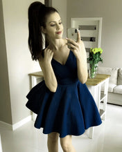 Load image into Gallery viewer, Navy Blue Satin Homecoming Dresses 2019