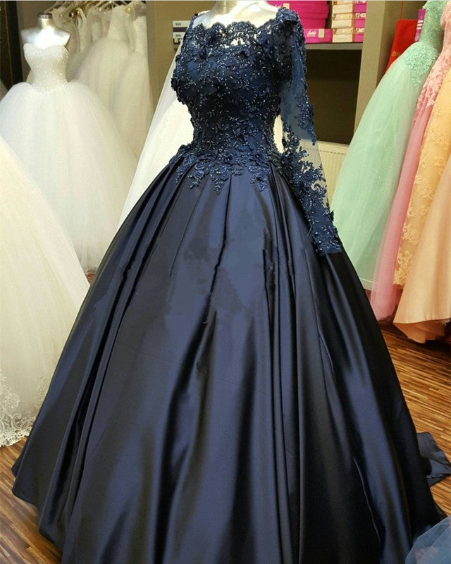 Navy Blue Long Sleeve Prom Dress Appliques Beaded Ball Gown Navy Blue Long Sleeve Prom Dress Appliques Beaded Ball Gown