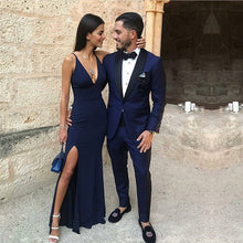 Load image into Gallery viewer, Navy Blue Mermaid Prom Dresses Leg Slit