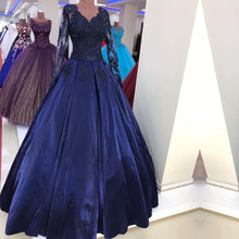 Load image into Gallery viewer, Navy Blue Satin Ball Gown Lace V-neck Long Sleeve Dresses