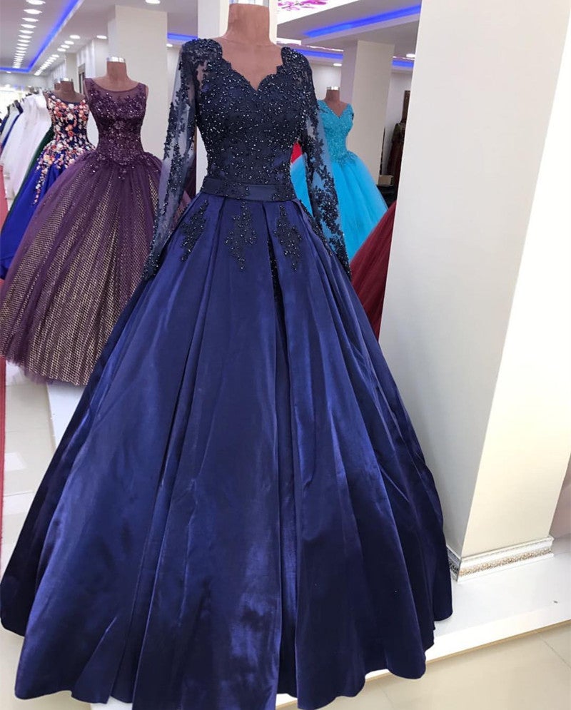 Satin Dress Midnight Blue Gown With Sleeves Navy Blue Satin Ball Gown Lace V-neck Long Sleeve Dresses Satin Dress Midnight Blue Gown With Sleeves Navy Blue Satin Ball Gown Lace V-neck Long Sleeve Dresses
