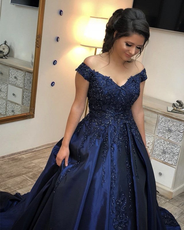 Navy Blue Satin Ball Gowns Quinceanera Dresses Lace Appliques