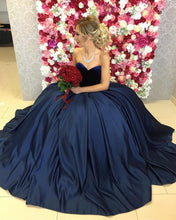 Load image into Gallery viewer, Navy Blue Satin Ball Gowns Wedding Dresses Velvet Sweetheart Top
