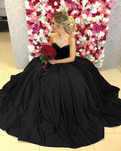 Load image into Gallery viewer, Navy Blue Satin Ball Gowns Wedding Dresses Velvet Sweetheart Top
