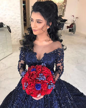 Load image into Gallery viewer, Navy Blue Satin Long Sleeves Wedding Dresses Ball Gowns With Embroidery Beaded