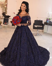 Load image into Gallery viewer, Navy Blue Satin Long Sleeves Wedding Dresses Ball Gowns With Embroidery Beaded