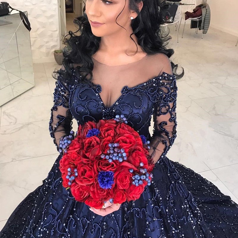 Navy Blue Satin Long Sleeves Wedding Dresses Ball Gowns With Embroidery Beaded Navy Blue Satin Long Sleeves Wedding Dresses Ball Gowns With Embroidery Beaded