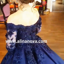Load image into Gallery viewer, Navy Blue Satin Off The Shoulder Ball Gowns Dresses For Engagement