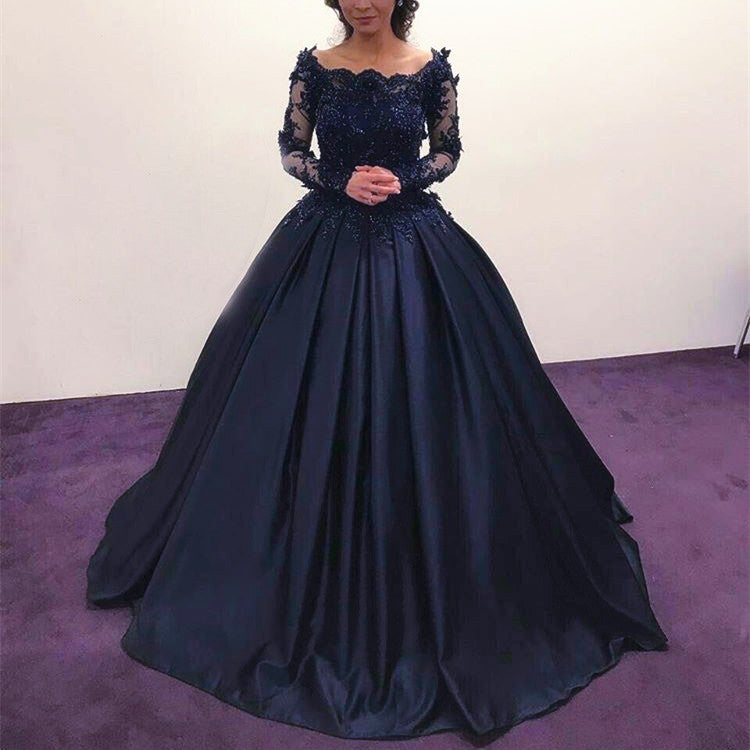 blue dress for baby girl Navy Blue Satin Wedding Dresses Ball Gowns Lace Long Sleeves