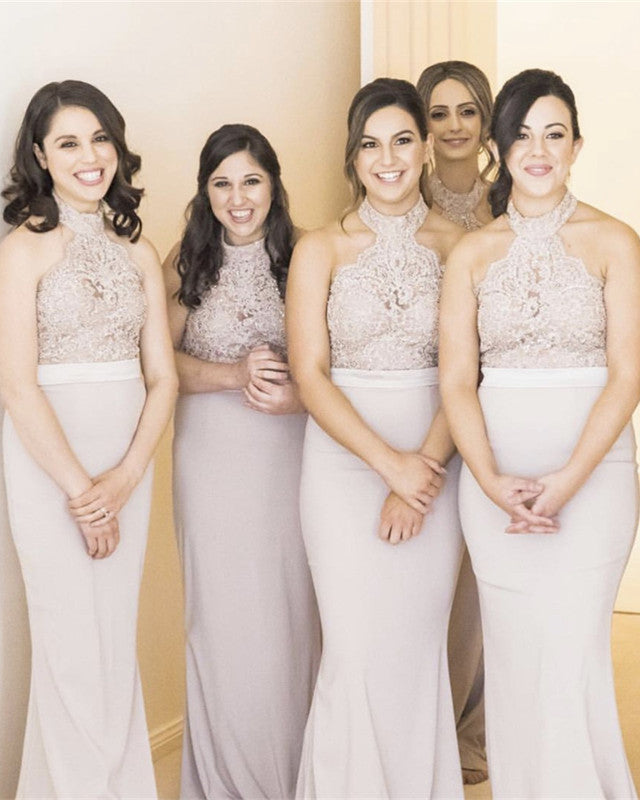 Halter Lace Mermaid Long Court Train Lace Appliques Bridesmaid Dresses