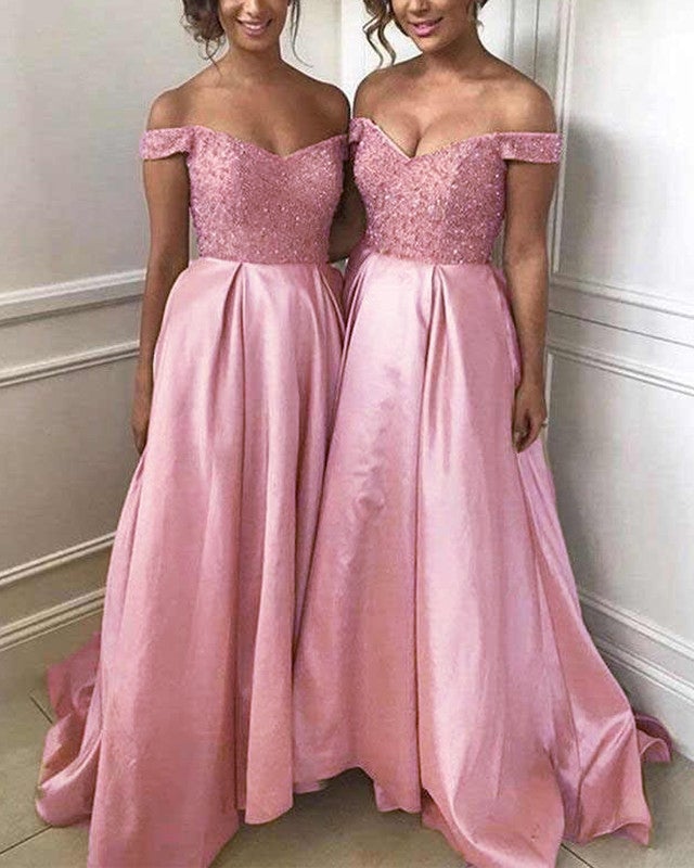 Off Shoulder Bridesmaid Dresses Satin Floor Length Sequin Beaded Off Shoulder Bridesmaid Dresses Satin Floor Length Sequin Beaded