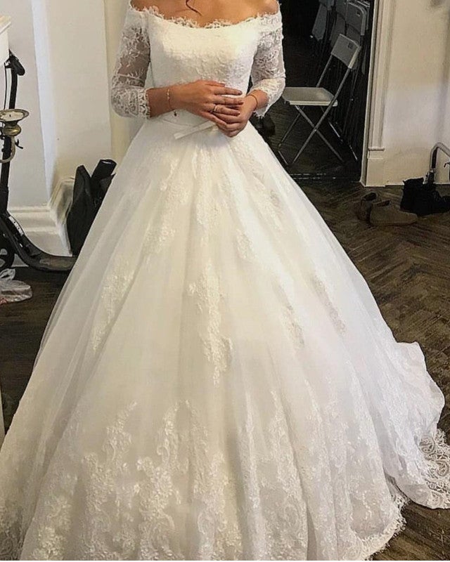 Off Shoulder Lace Wedding Dresses with 3/4 Sleeves Off Shoulder Lace Wedding Dresses with 3/4 Sleeves