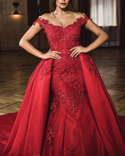 Load image into Gallery viewer, Red Off Shoulder Mermaid Evening Gown