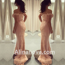 Load image into Gallery viewer, Off Shoulder Pink Mermaid Prom Evening Dresses Lace Appliques