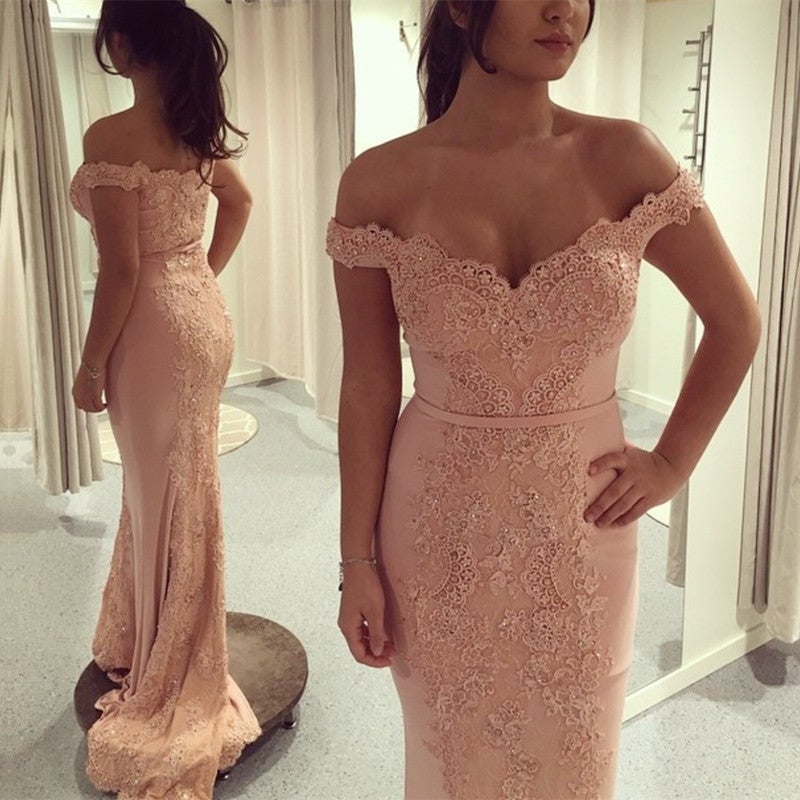 Light Pink Off the Shoulder Lace Appliques Mermaid Long Prom Dresses VK24011704