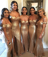 Load image into Gallery viewer, Off Shoulder Sequins Mermaid Bridesmaid Dresses With Slit
