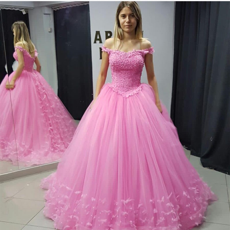 Princess Ball Gown Off Shoulder Tulle Appliqued Quinceanera Dresses for Teens