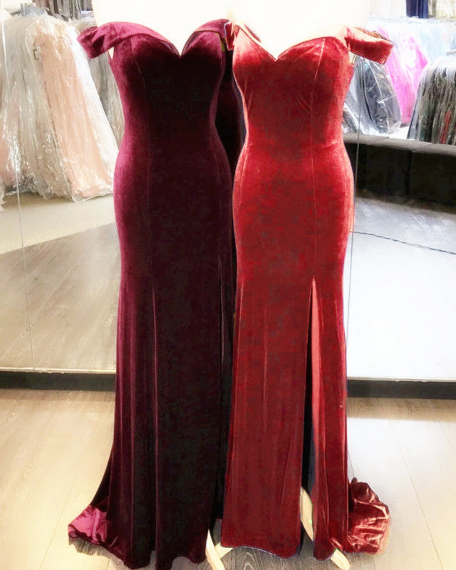 Velvet Mermaid Slit Bridesmaid Dresses Off Shoulder Velvet Mermaid Slit Bridesmaid Dresses Off Shoulder
