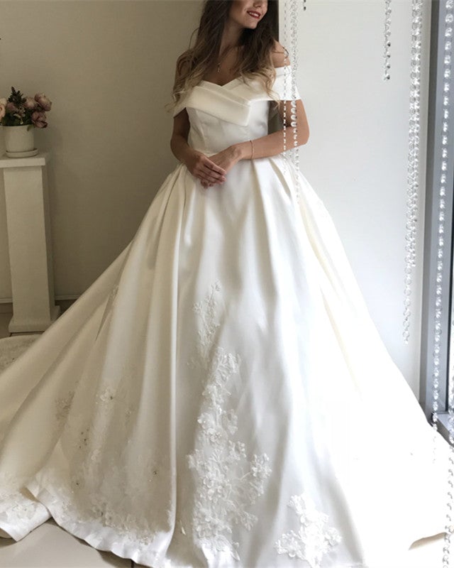 Ball Gown Wedding Dresses Satin Off Shoulder Lace Embroidery alinanova Ball Gown Wedding Dresses Satin Off Shoulder Lace Embroidery alinanova