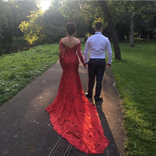 Load image into Gallery viewer, Off The Shoulder Long Sleeves Burgundy Lace Mermaid Wedding Dresses