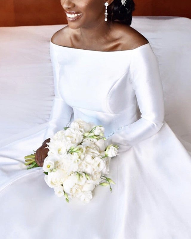 Off The Shoulder Wedding Dress Satin Long Sleeves Ball Gown Off The Shoulder Wedding Dress Satin Long Sleeves Ball Gown