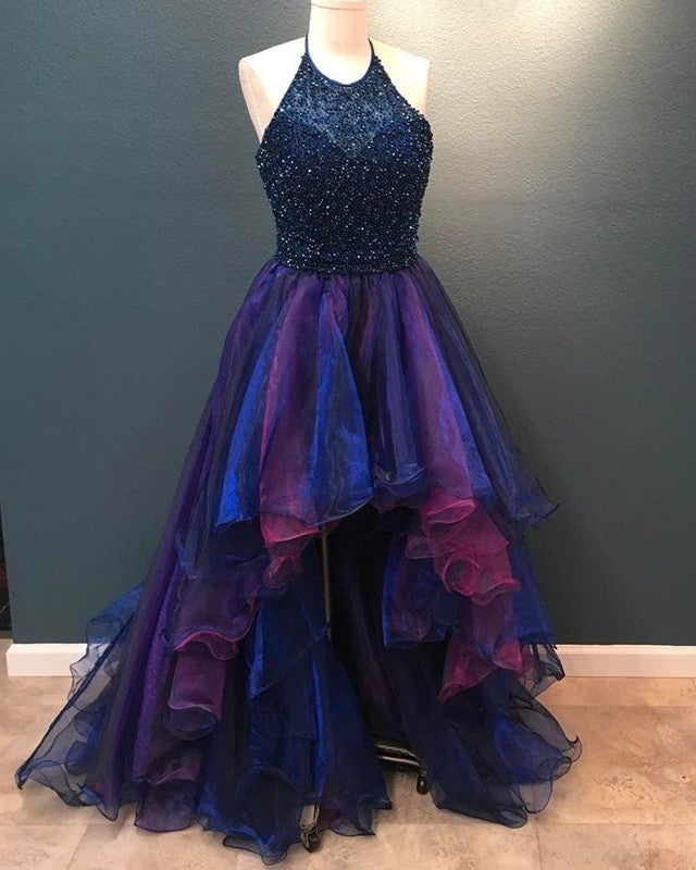 Purple Dress Short Front Long Back Ombre Prom Dresses Beaded Halter Ruffles Hem Front Short Long Back Purple Dress Short Front Long Back Ombre Prom Dresses Beaded Halter Ruffles Hem Front Short Long Back