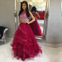 Load image into Gallery viewer, Ombre Sequins Beaded Ruffles Skirt Two Piece Ball Gowns Prom Dresses