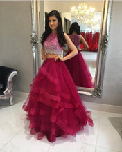 Load image into Gallery viewer, Ombre Sequins Beaded Ruffles Skirt Two Piece Ball Gowns Prom Dresses