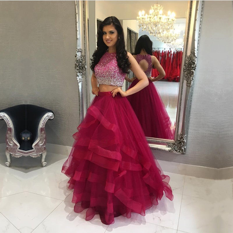 Ombre Prom Dresses Two Piece Sequins Beaded Ball Gown Ruffle Skirt – alinanova