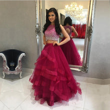 Load image into Gallery viewer, Ombre Sequins Beaded Ruffles Skirt Two Piece Ball Gowns Prom Dresses-alinanova