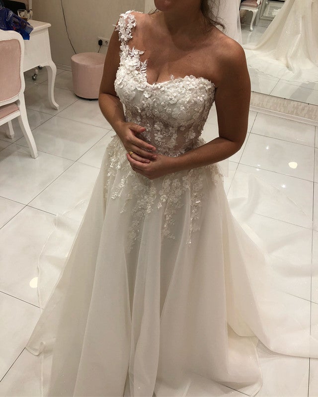 One Shoulder Wedding Dresses Boho Lace Corset One Shoulder Wedding Dresses Boho Lace Corset
