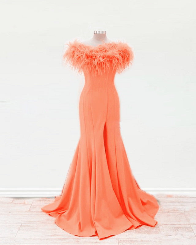 Orange Feather Mermaid Split Prom Dresses Orange Feather Mermaid Split Prom Dresses