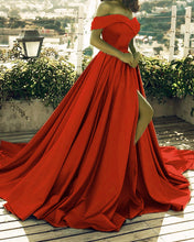 Load image into Gallery viewer, Sexy Front Split Off Shoulder Long Satin Prom Dresses-alinanova
