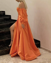 Load image into Gallery viewer, Long Satin Prom Dresses Puffy Sleeve Leg Split