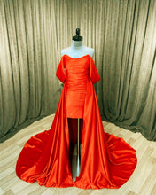 Load image into Gallery viewer, Orange Satin Off The Shoulder Prom Dresses-alinanova